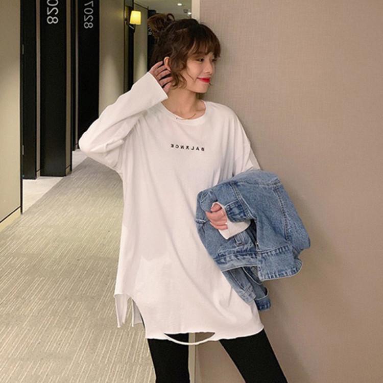 

Белая базовая рубашка для женщин на осень и зиму, новая футболка из чистого хлопка средней длины с длинными рукавами и рваными буквами XXL белый