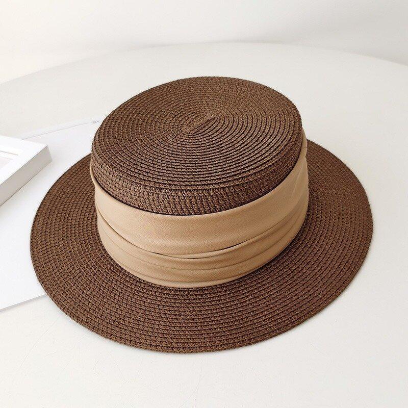 Retro Flat Top Straw Hat For Women With Wide Brim And Sun Protection For Vacation