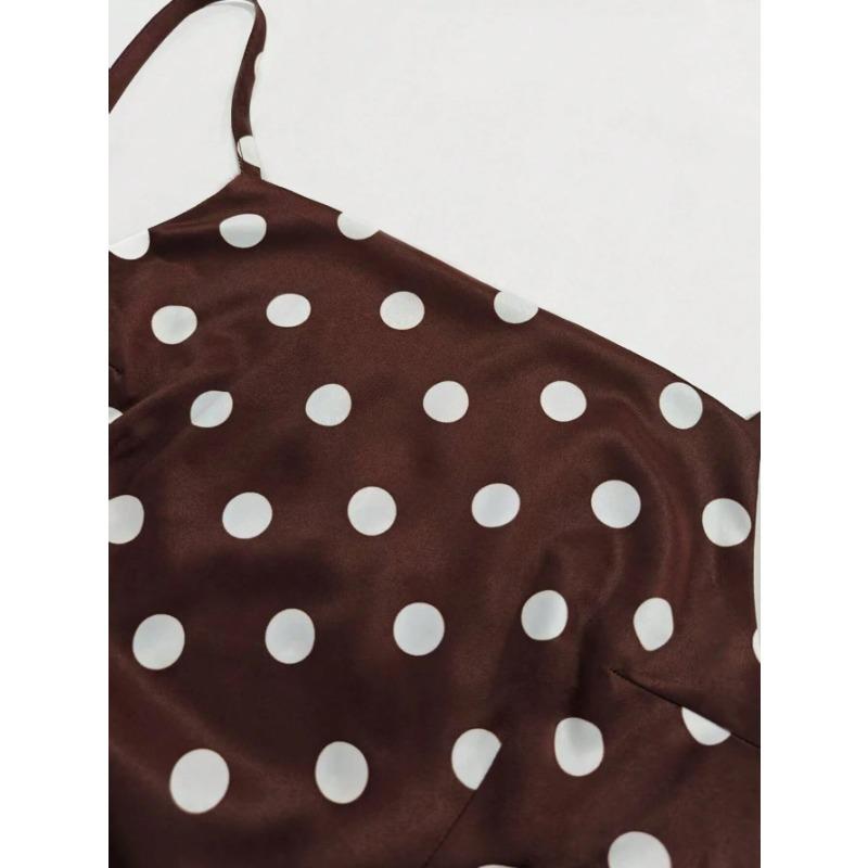 Women Brown Polka Dot Backless Spaghetti Strap A Line Maxi Vacation Dress