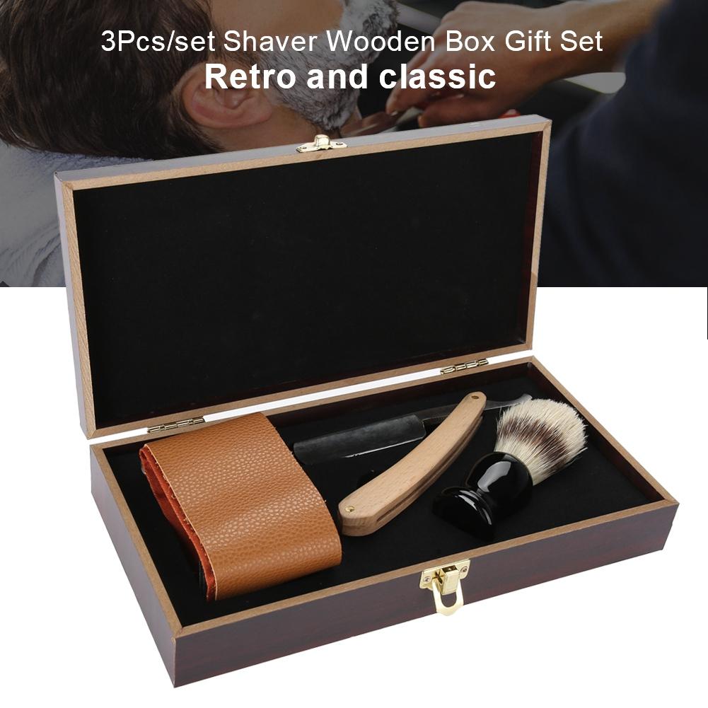3Pcs/set Shaver Kit Manual Razor Beard Brush Shaving Strop Wooden Box Gift Set