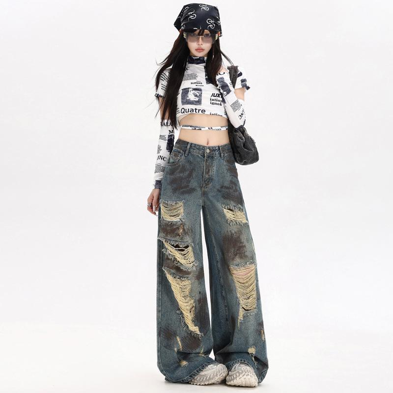 Trendy Graffiti Ripped Wide-Leg Jeans for Women - Autumn Wasteland Style