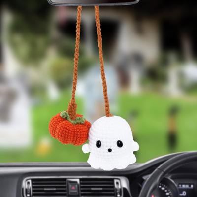 Halloween Crochê Abóbora e Fantasma Pingente para Carro Mini Fantasma Tricotado à Mão Enfeite Pendurado para Espelho Retrovisor do Carro Acessórios de Interior