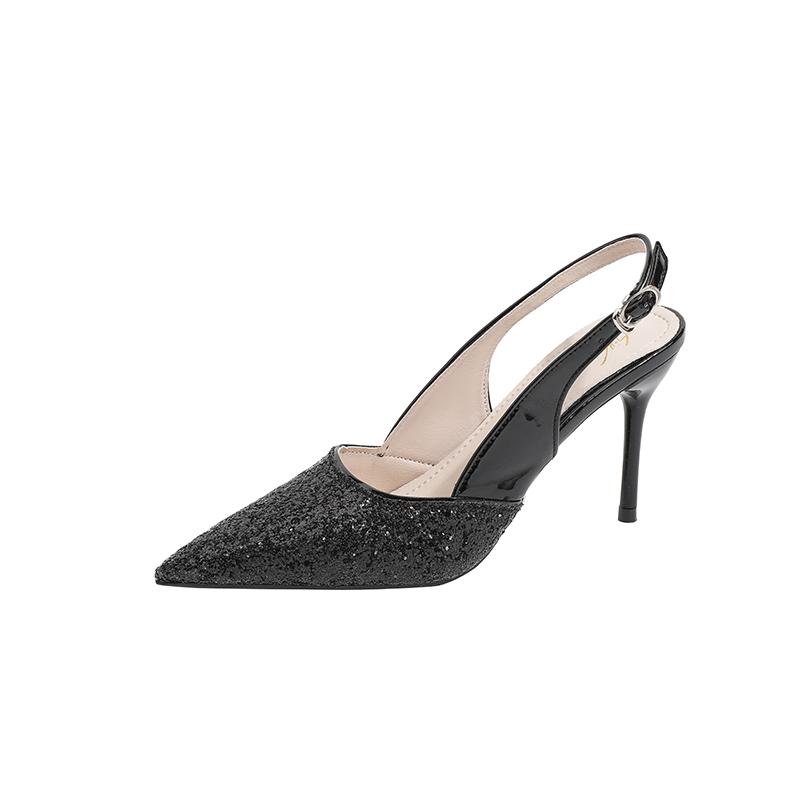 Fashion Sequin Sequin Strap Wrapped Toe Sandals Autumn New Pointed Toe Shallow Mouth Metal Buckle Non-slip Stiletto Heels