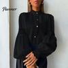 Entspannte Passform Kleidung Damen Stickerei Spitze Hemd, Herbst Laternenärmel Stehkragen Bluse, Lässig Formell Oberteil Normale Unifarbene Knopfleiste Polyester