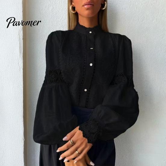 Entspannte Passform Kleidung Damen Stickerei Spitze Hemd, Herbst Laternenärmel Stehkragen Bluse, Lässig Formell Oberteil Normale Unifarbene Knopfleiste Polyester