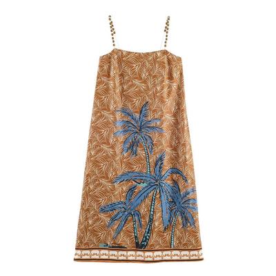 2026 European Spring Women's Spaghetti Strap Dress with Beaded Coconut Tree Print