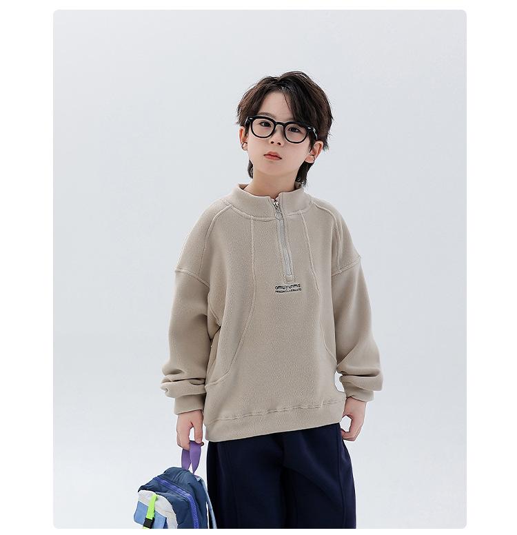 Doppelseitiger Kapuzenpullover für Jungen aus australischem Fleece mit halbem Reißverschluss - Kollektion Winter 2025, Stehkragen, Langarm-Oberteil für mittleres und großes Kind