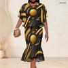 Women Plus Size Two Piece Set Round Neck Batwing Sleeve Printed Ruffle Hem Top Fishtail Skirt Dark Green Black
