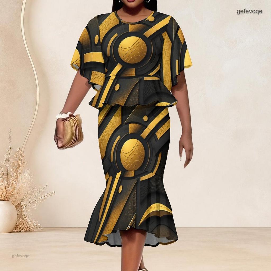 Women Plus Size Two Piece Set Round Neck Batwing Sleeve Printed Ruffle Hem Top Fishtail Skirt Dark Green Black
