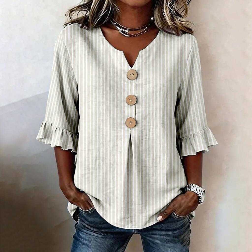 Womens V Neck Striped Print Button Loose Fit Ruffle Sleeve Blouse Casual Relaxed Fit Top for Everyday Wear