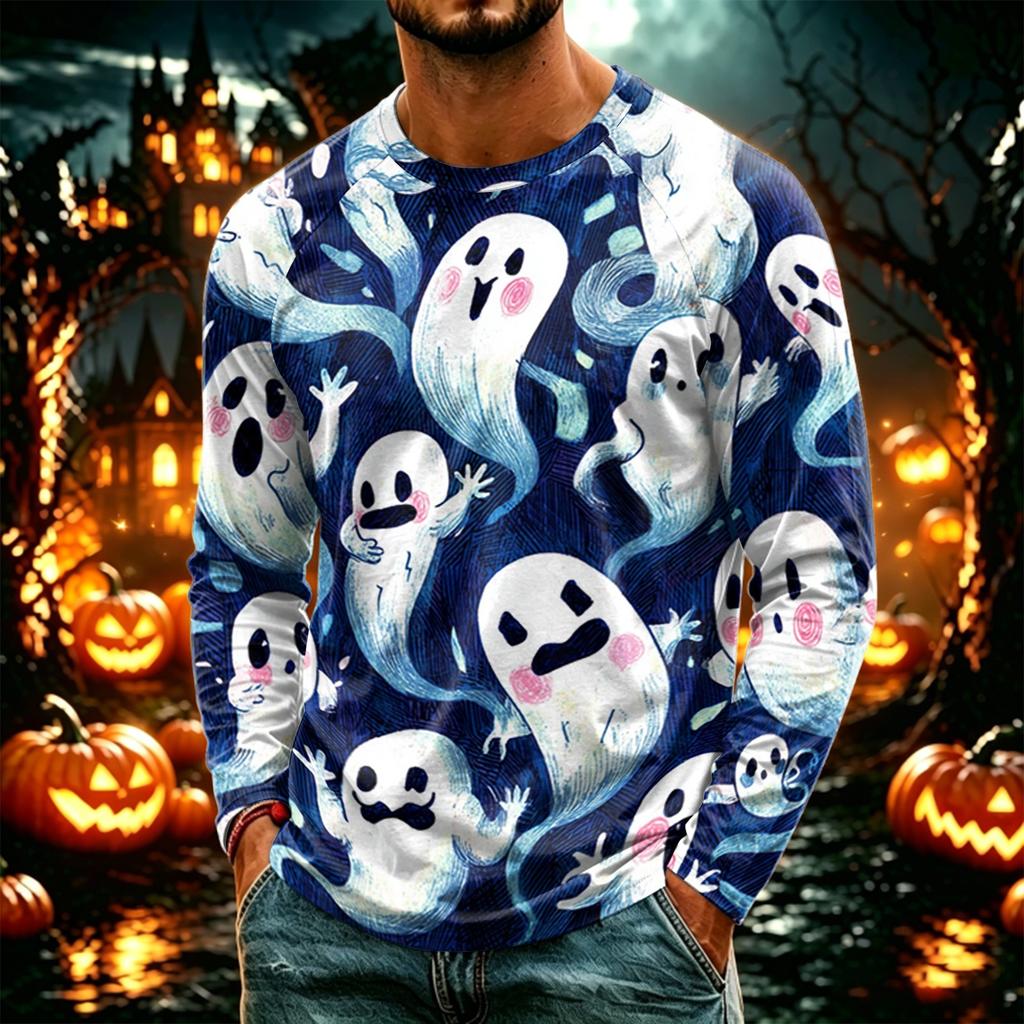 Men's Casual Halloween Print Neck Long Sleeve T-Shirt Lightweight for Daily Wear