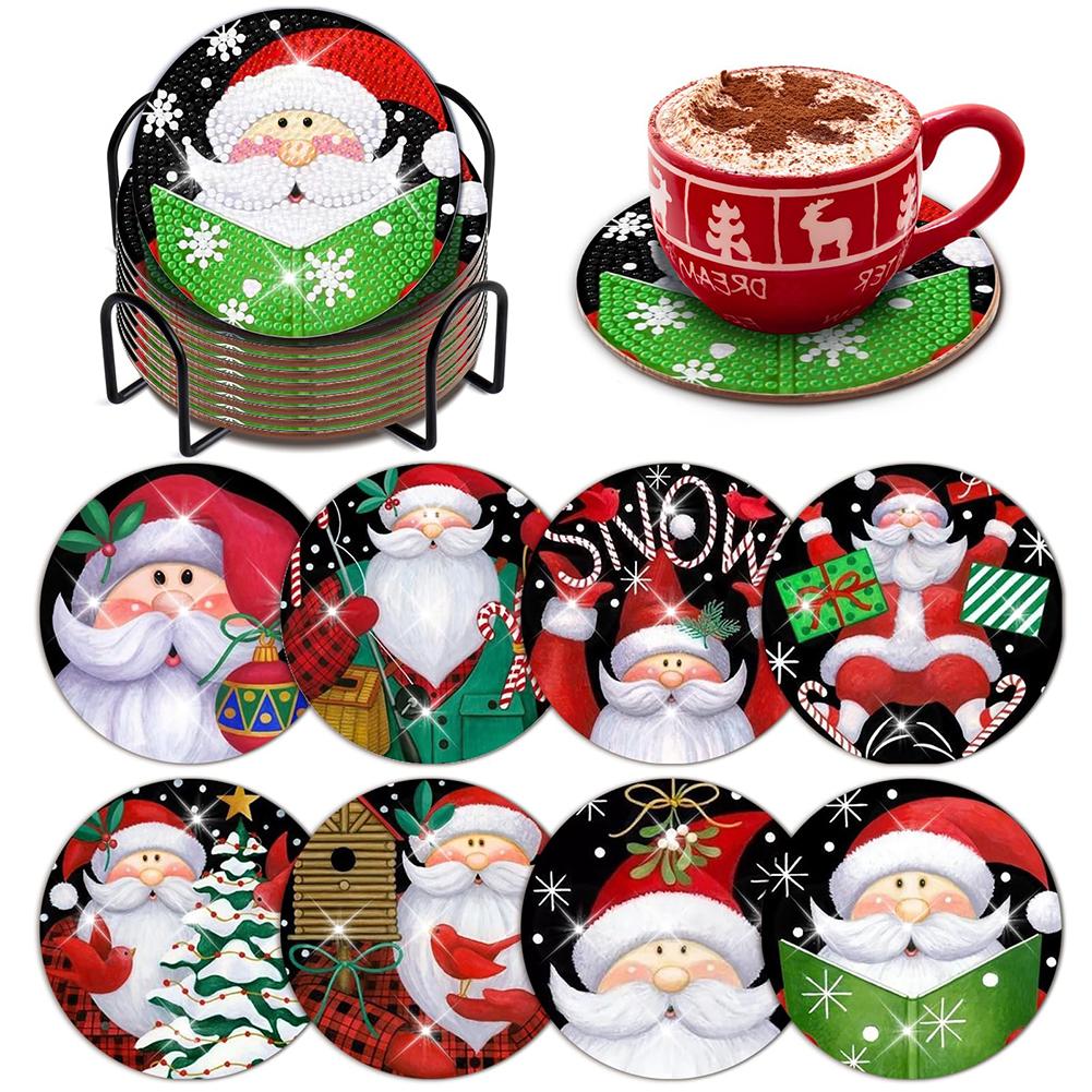 8/9 PCS Diamond Painting Art Coaster Kit Gnome Acrylic/Wooden Sun Stars with Holder Santa for Adults Kids Beginner Gift Supplies