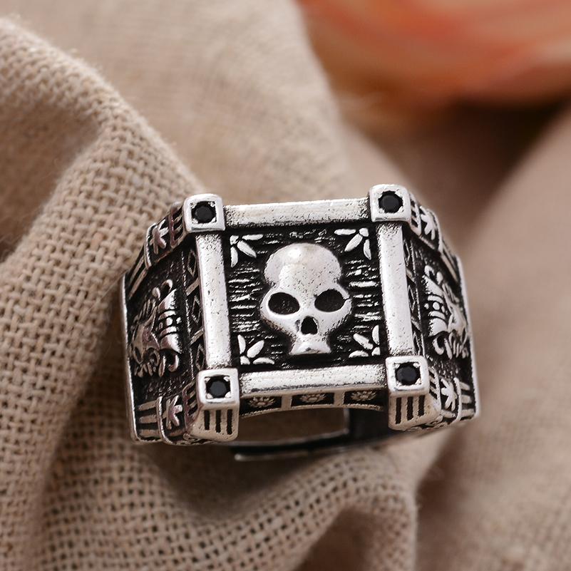 Exaggerated Retro Skull Square Design Thai Silver Men Party Ring Wholesale  Gifts No Fade Cheap