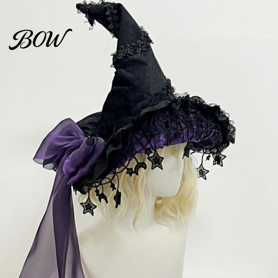 Witch Hat for Halloween Gothic Women, Dark Lolita Style Costume Accessory, Lightweight Fashionable Daily Wear with Lace & Bow, Adjustable Headwear