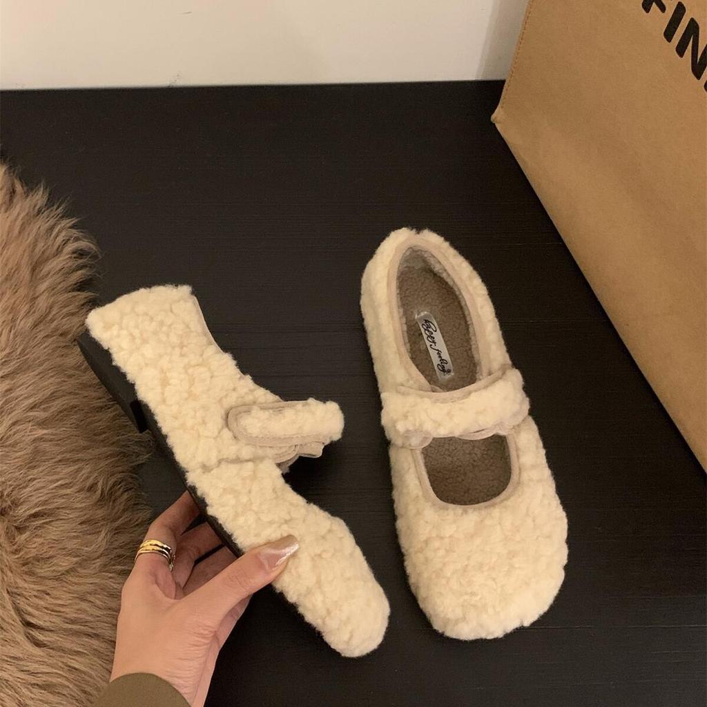 Retro gentle fairy wind fluffy shoes female new autumn and winter casual fashion flat one-word cotton shoes