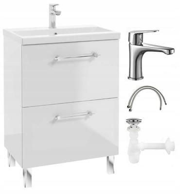 Bathroom Cabinet with Sink, Faucet and Siphon 60x80cm Freestanding Glossy White Cassandra