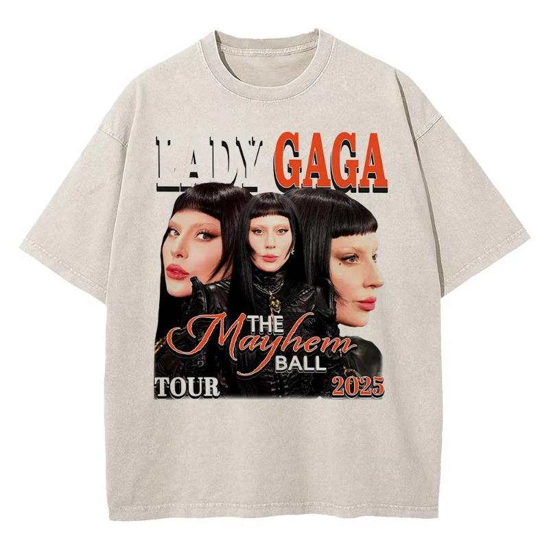 Vintage Washed Lady Gaga The Mayhem Ball Tour 2025 T Shirt Fashion Women Aesthetic High Quality Acid Wash 100% Cotton Tees