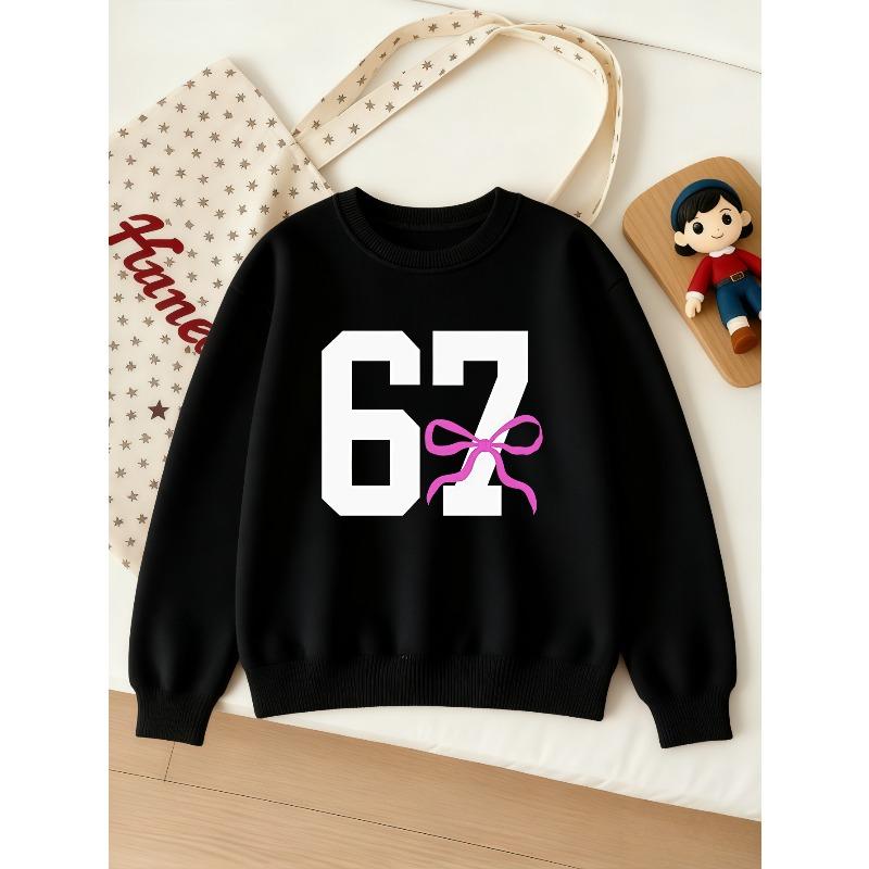 Kids Unisex Crewneck Sweatshirt, White Varsity 67 Number With Pink Bow Print Long Sleeve Pullover, Soft Sweatshirt for Boys Girls Over 4 Years Old