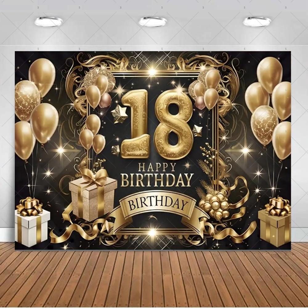 18th  Birthday Partys Decoration Backgound Black Gold Glitter Balloon Banner Women Men Boys Girls Bar Mitzvah Photography Props