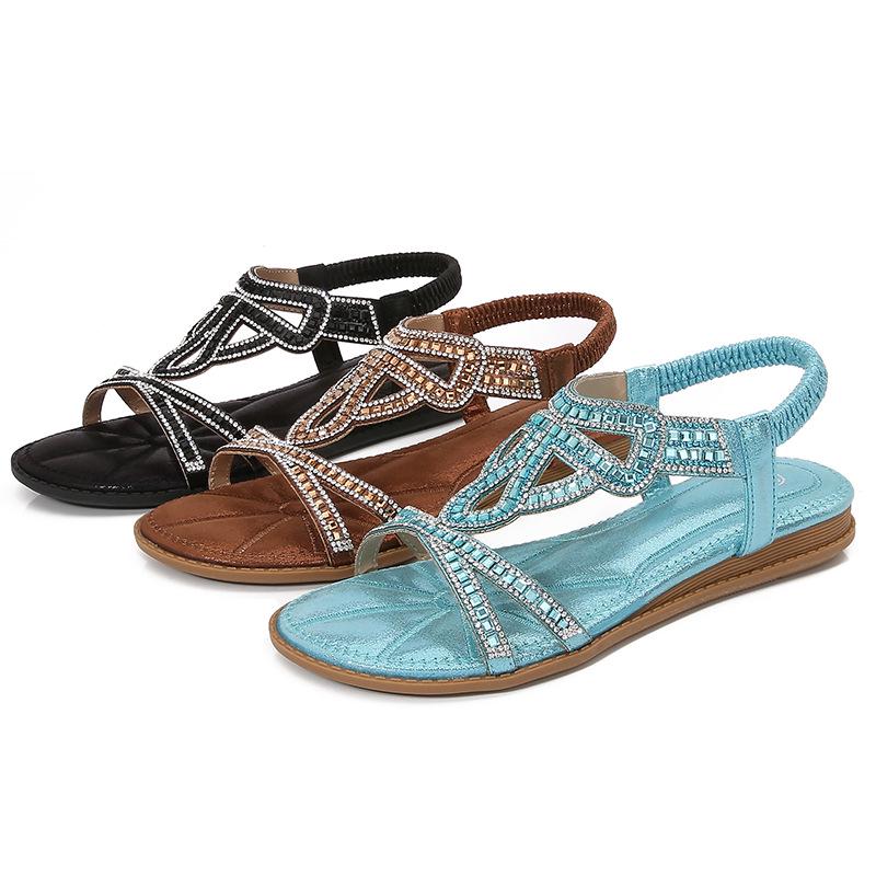 IELTS Run Plus Size Rhinestone Bohemian Sandals - Women's Summer Flat Hollow-Out Shoes