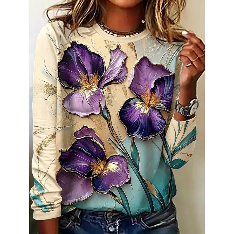 Autumn and Winter Women's Flower 3D Printed Crew Neck Long Sleeve T-Shirt