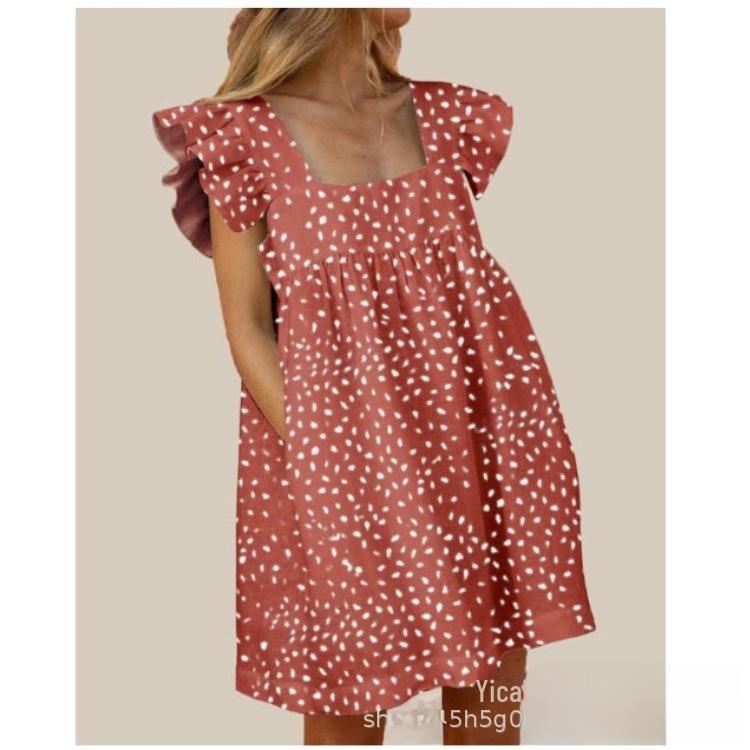 2023 Summer Floral Print Square Neck Ruffle Sleeve Swing Dress