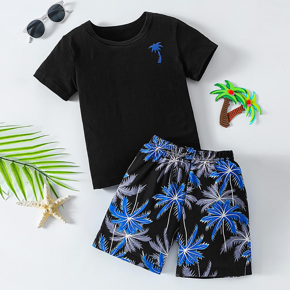 Children's Summer Leisure Sports Printed Short Sleeved Shorts Set, Boys and Girls Vacation Style Fashionable T-shirt Pants 2pcs