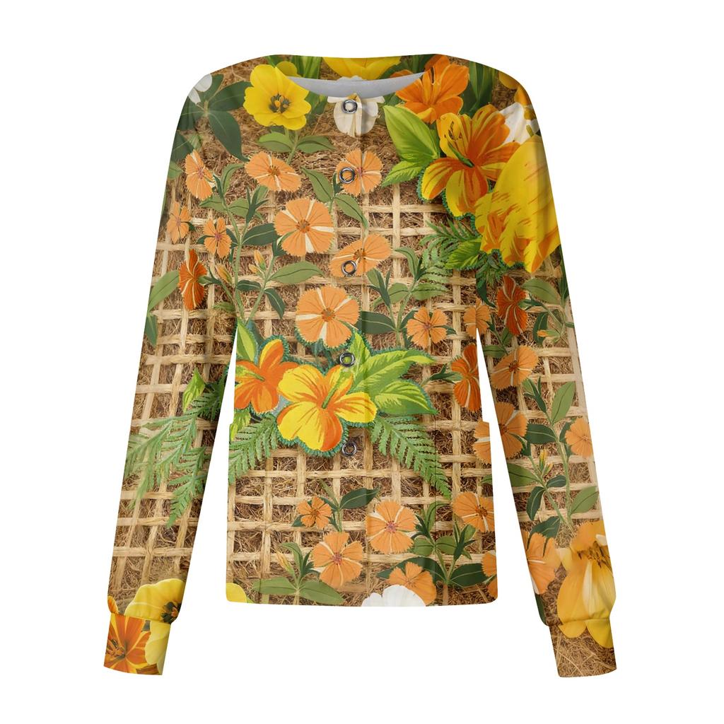 Women's Casual Long Sleeve Single Breasted Hawaiian Print Caregiver Jacket Cardigan Top Lightweight Button Up Shirt for Work