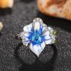Huitan Unique Blue Flower Enamel Design Women Rings Pear Sky Blue CZ Aesthetic Female Rings Wedding Party Elegant Lady Jewelry