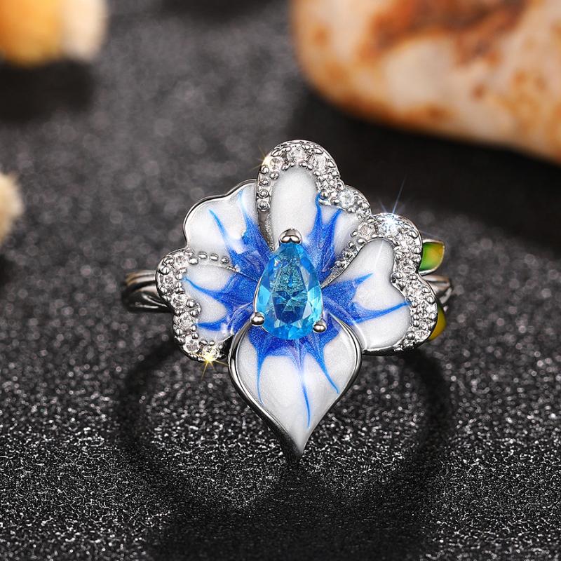 Huitan Unique Blue Flower Enamel Design Women Rings Pear Sky Blue CZ Aesthetic Female Rings Wedding Party Elegant Lady Jewelry