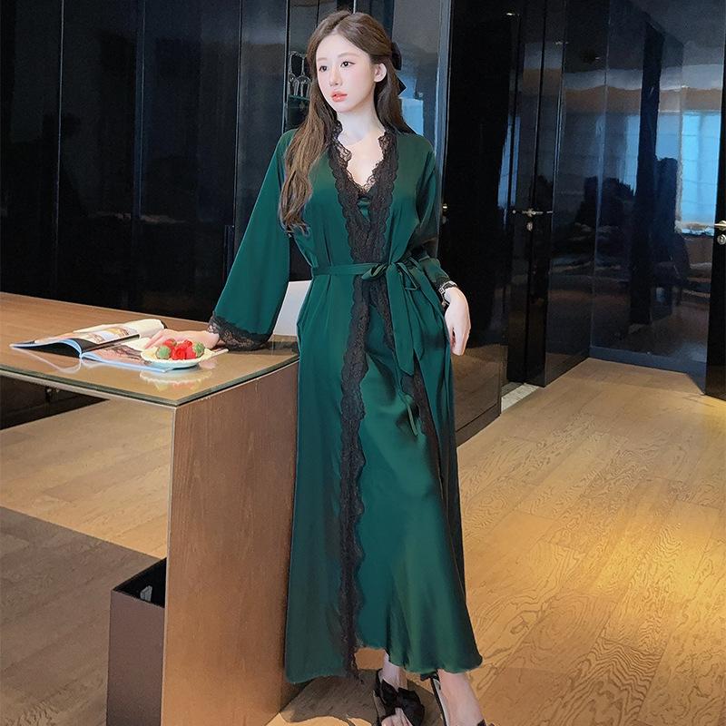 French pajamas women's summer ice silk suspender nightgown two-piece set sexy back waist thin nightgown with chest pad