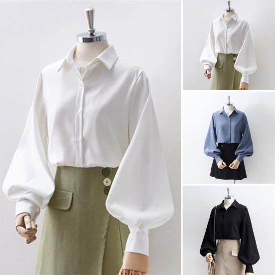 Koszula damska z klapami, latarnią, długim rękawem, jednorzędowa, jednokolorowa, luźna, do pracy, codzienna