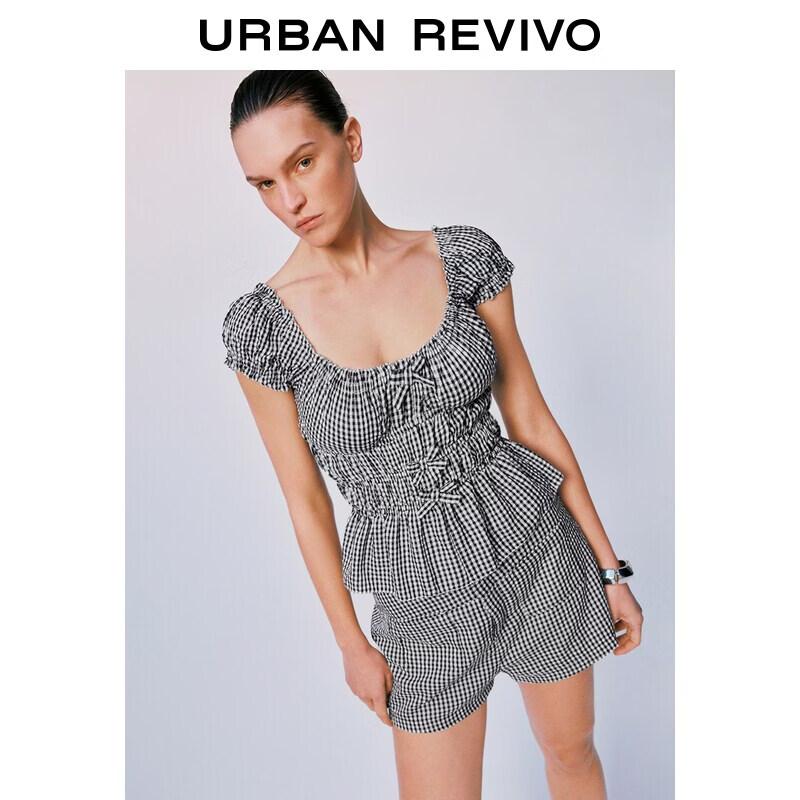 Women s Gingham Smocked Bow Lace Blouse M