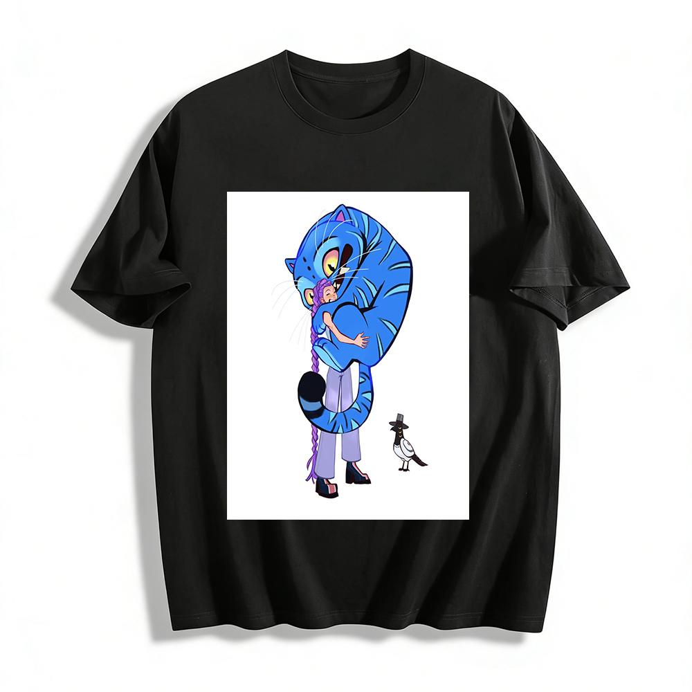 

Cartoon Blue Cat Hug Girl Print T-shirt Casual Loose Fit Top With Quirky Bird Graphic For Daily Wear Pure cotton T-shirt XXS