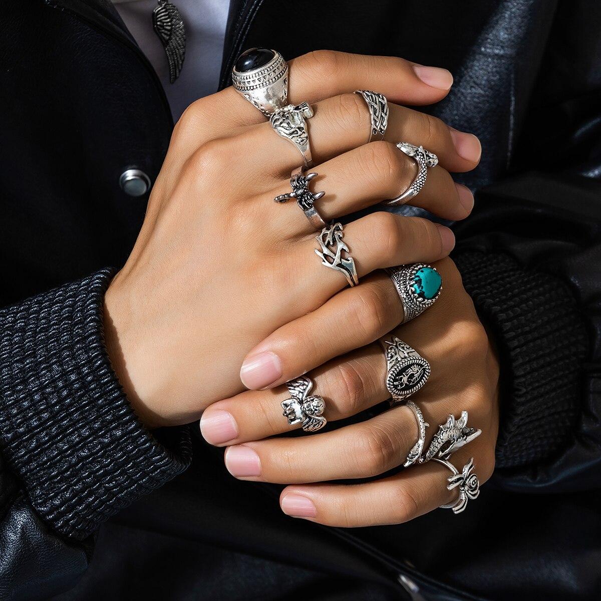 

11Pcs/Set Gothic Punk Winged Spider Devil Eye Rings Male Vintage Skeleton Finger Ring Halloween Christmas Jewelry Steampunk Men