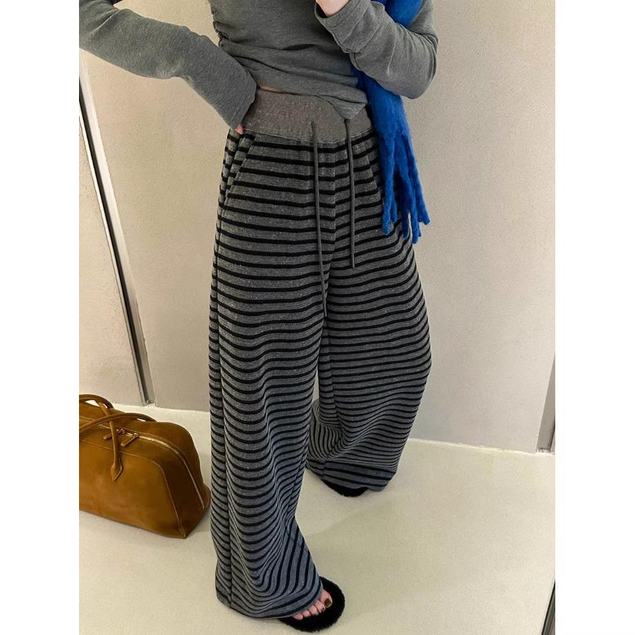 

Женские полосатые брюки кэжуал с широкими штанинами и эластичной талией 2025 - Весенний корейский стиль XXL чёрный/серый
