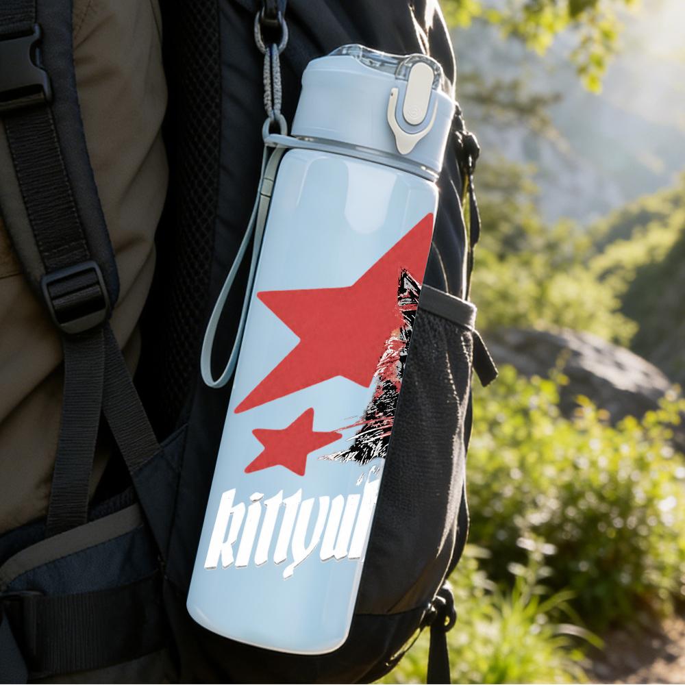 1PC Red Five-pointed Star Punk Skull Print 750ml Portable Sports Water Bottle Leakproof Gym Outdoor Travel Drink Cup