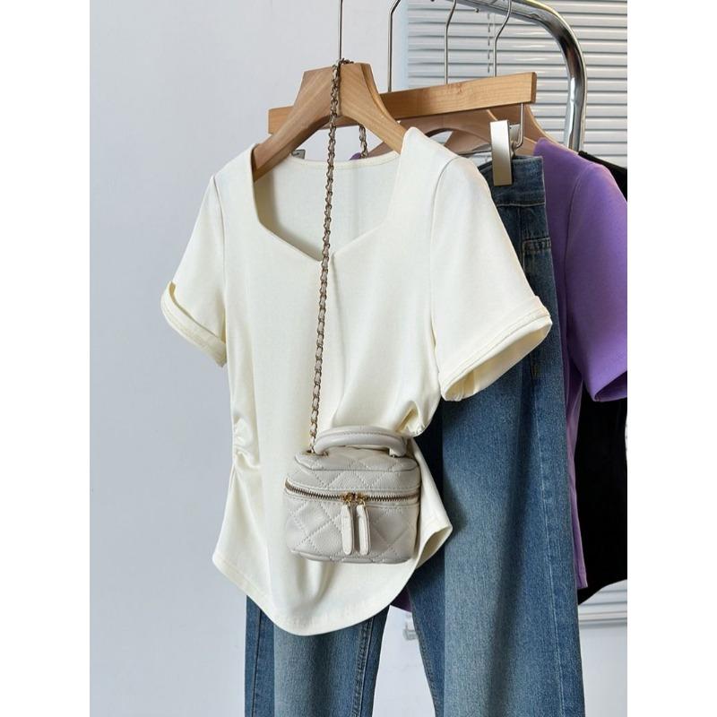 Summer Women Black Casual T Shirt Irregular Neckline Slim Fit Top