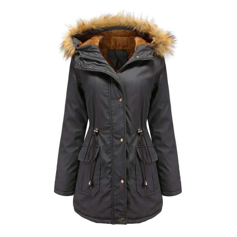 Womens Warm Padded Hooded Cotton Coat With Faux Fur Trim Loose Fit Winter Outerwear Long Sleeve