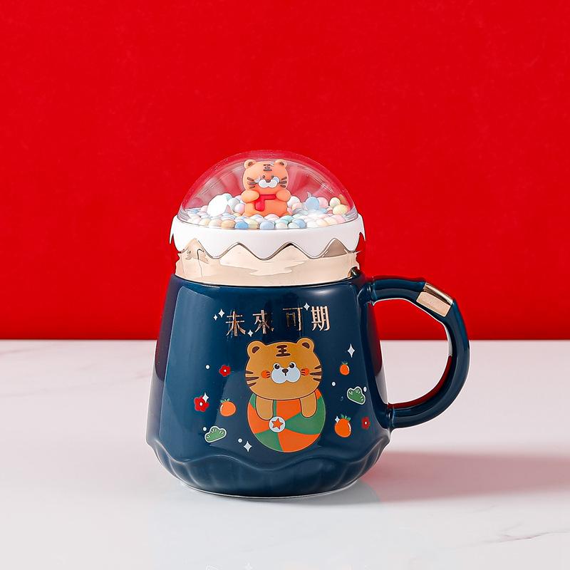 Year of the Tiger Mug with Lid Creative Large Capacity Ceramic Cup Couple Pair Cup Cute Cartoon Coffee Mug for Home Use