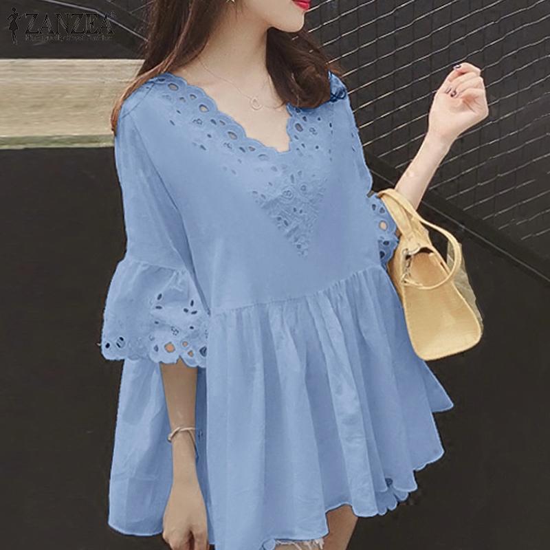 ZANZEA Women Lace Crochet V-Neck Loose Casual 3/4 Sleeve Blouse