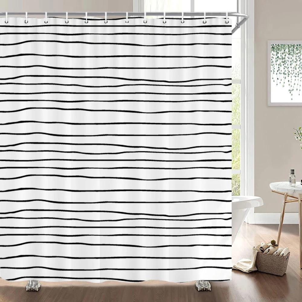 1 Pc Black White Geometric Print Polyester Shower Curtain Waterproof Fabric Partition Bathroom Curtain ,Decoration Bath Curtain