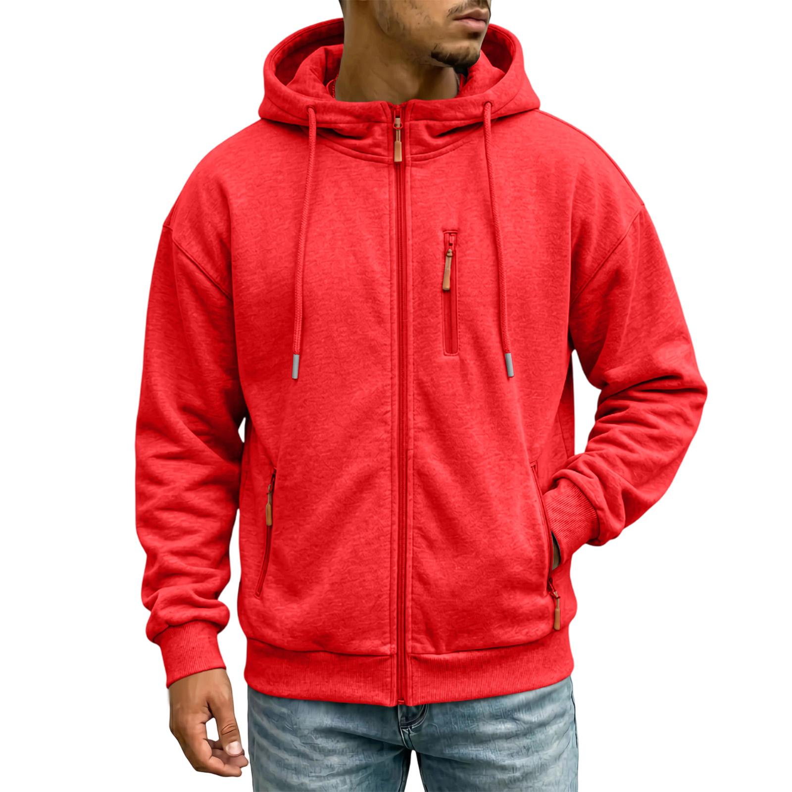 Herren Freizeit -Gefüttertes Kapuzen-Reißverschluss-Sweatshirt mit Taschen Langarm Sportjacke XXL rot