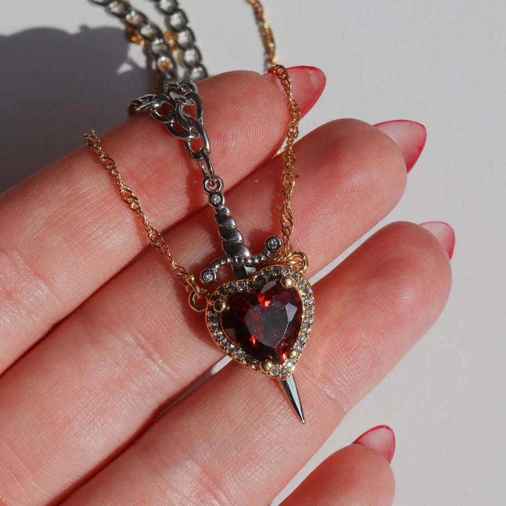 Gold Red Crystal Heart Dagger Pendant Layered Necklace Heart And Sword Necklace For Valentine's Day Couple