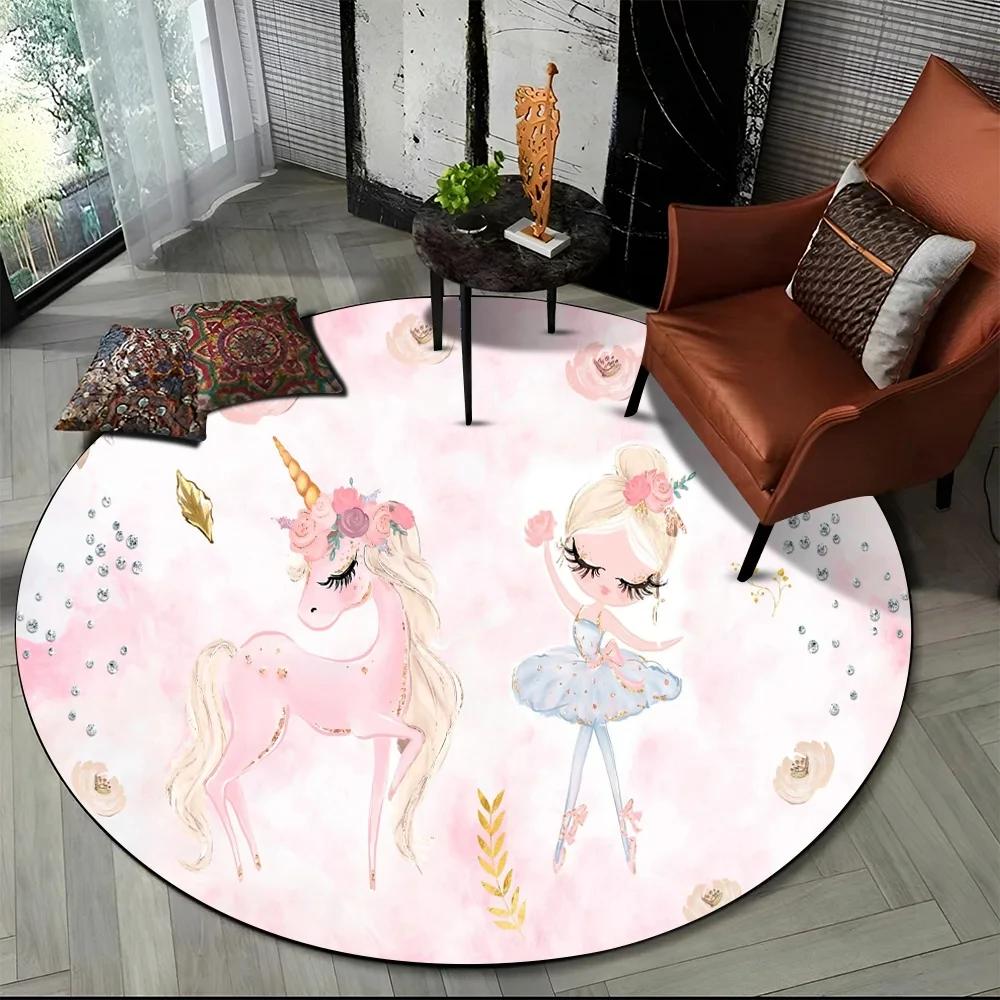 Cartoon Ballet Girl Fairy Ballerina Flower Round Carpet for Living Room Child Girls Bedroom Decor Area Rug Non-slip Floor Mat