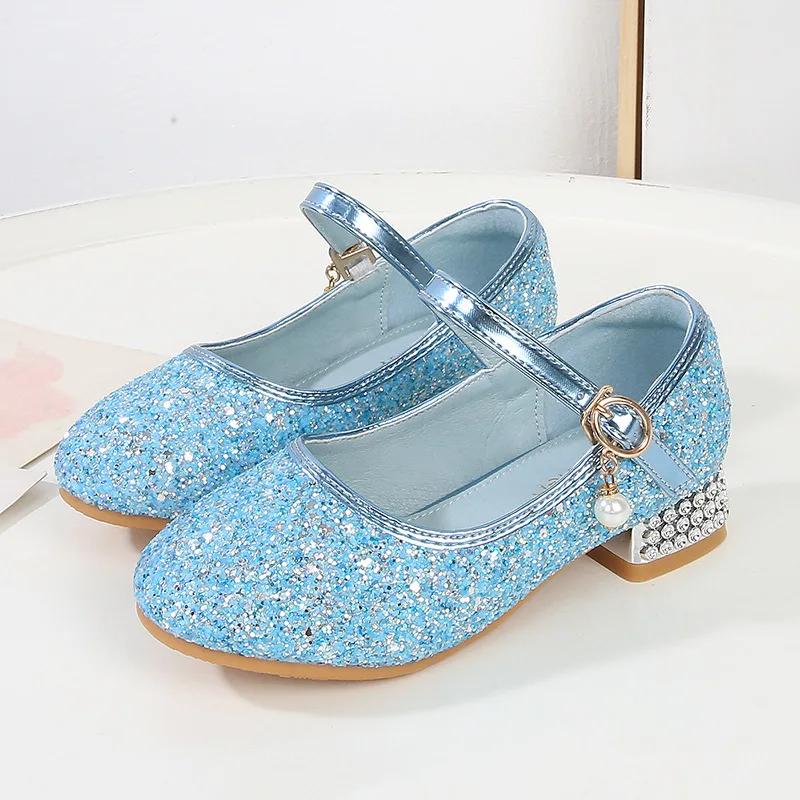 

Принцесса Девочки Высокие каблуки Весна Осень Дети Свадебное платье Кожаные Туфли Повседневные Универсальные Блестящие Пайетки Детские Одиночные Туфли 24 синий
