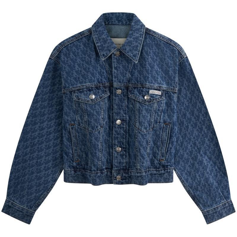 CALVIN KLEIN SS25 Jeans CK All-Over Print Vintage Washed Cropped Denim Jacket Women 47B010G