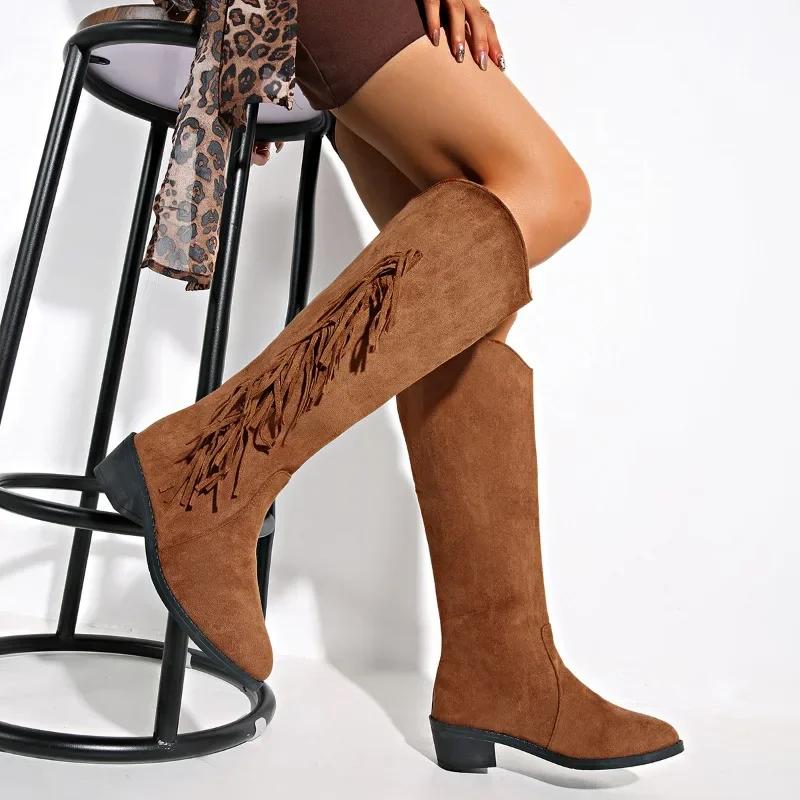 2025 New Ladies Shoes Slip-on Women's Boots Tassel Modern Boots Women Sexy Pointed Toe Plus Size Solid Knee-High Boots