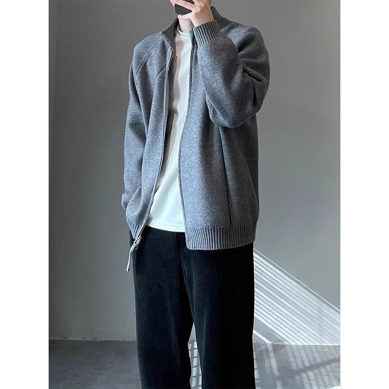 Men's Korean Style Double Zipper Knit Cardigan - Autumn/Winter Long Sleeve Casual Stand Collar Sweater