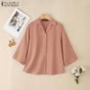 ZANZEA Women Turn Down Collar Loose 3/4 Sleeve Cotton Blouse